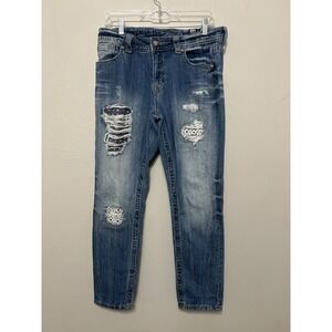 Miss Me Women's Size 28 Distressed Boyfriend Jeans Western Bling Blue Ankle